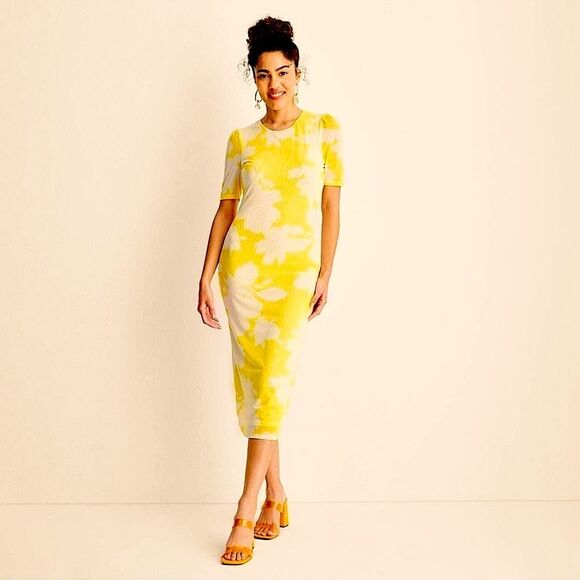 Future Collective Yellow Floral Print Mesh BodyCon Dress Open Back Sz XS - Picture 1 of 14
